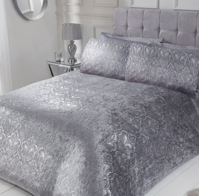 Foil Geo Bedroom Duvet Cover with Pillowcase Luxury Crushed Velvet Bedding Set